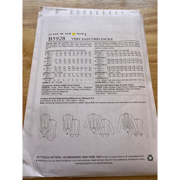 Butterick  Vest and Jacket Easy Sewing Pattern Sizes 14 - 22  New Uncut #B5928 - Picture 4 of 4